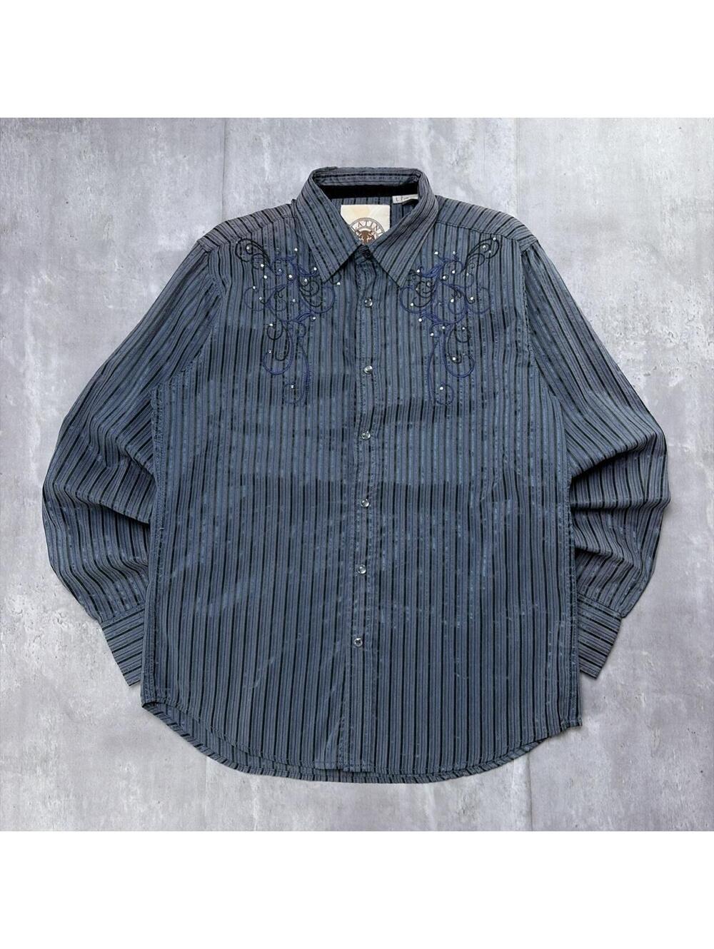 Y2K Grey Platini Grunge Striped Embellished Long Sleeve Button Up Shirt